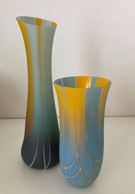 Glass droplets (blue and yellow and grey) by Beryl Morgans